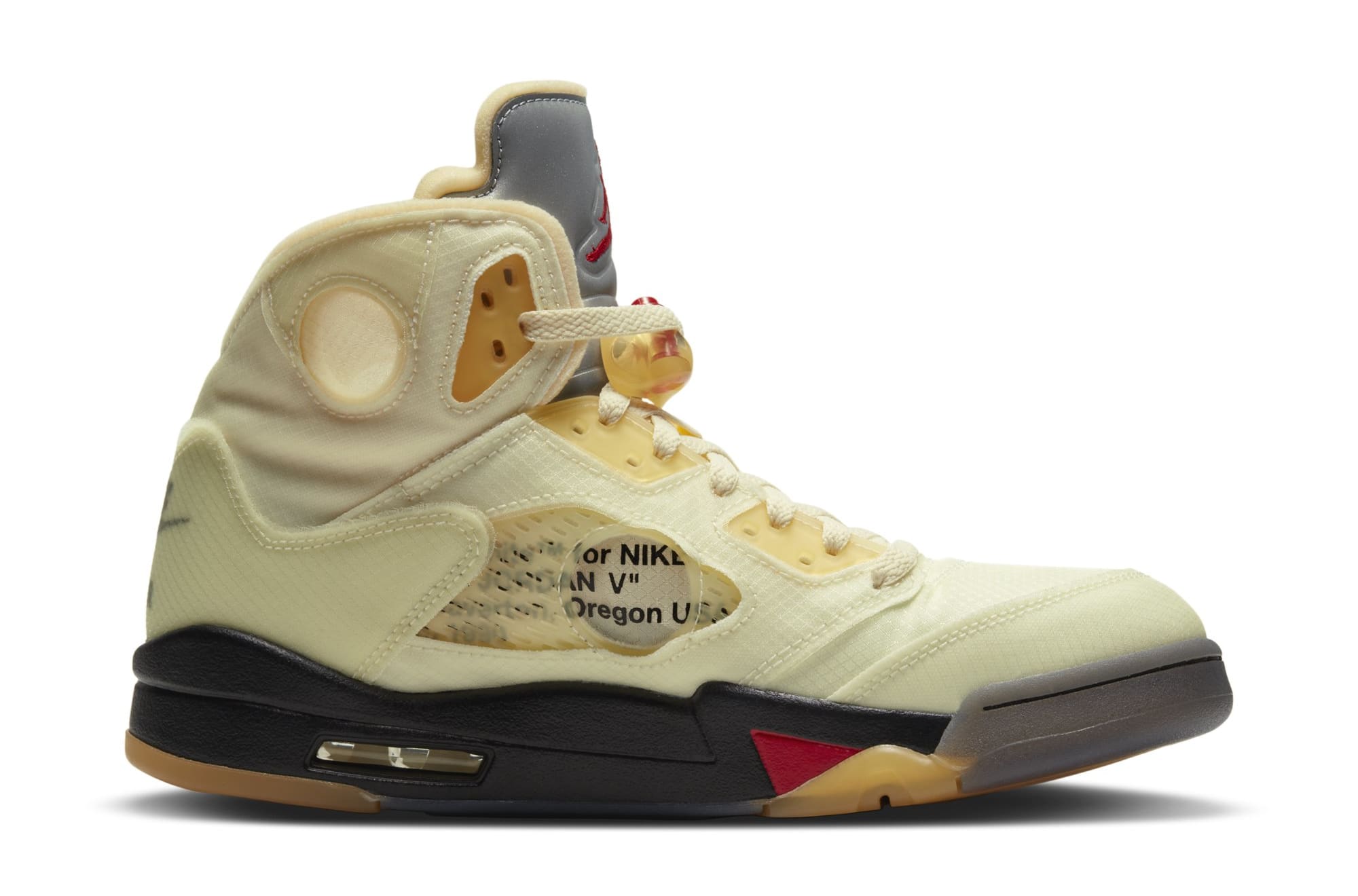 Off-White x Air Jordan 5 'Sail/Fire Red/Muslin/Black' (Medial)