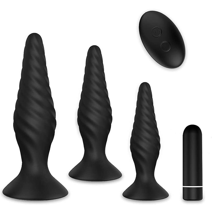 Set of three black butt plugs, a bullet vibrator, and a small remote