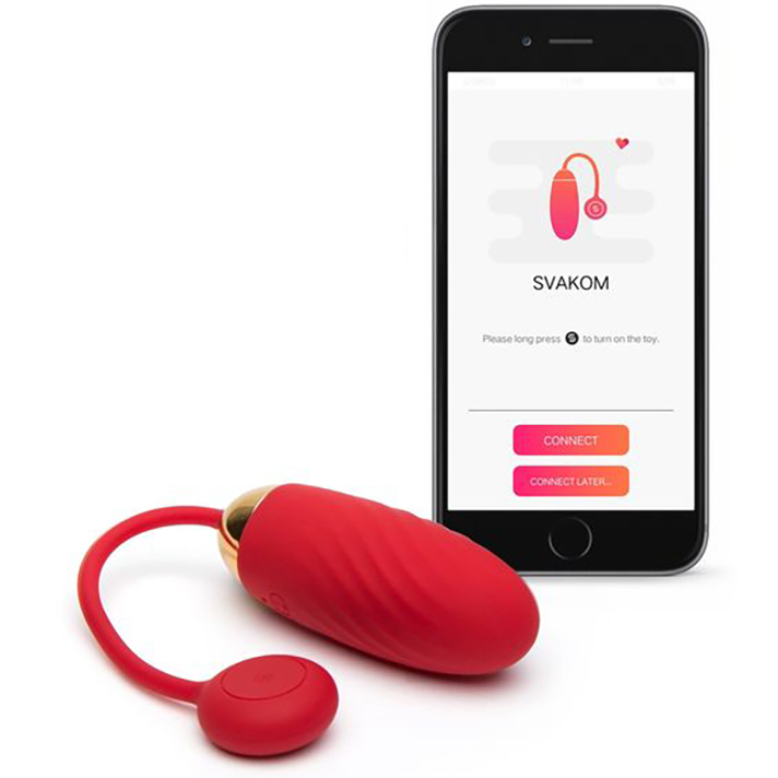 A red egg vibrator next to an iPhone with a corresponding app