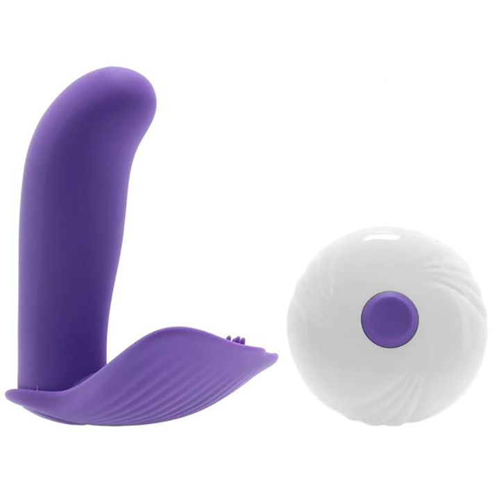 A purple hands-free vibrator alongside a small white remoe